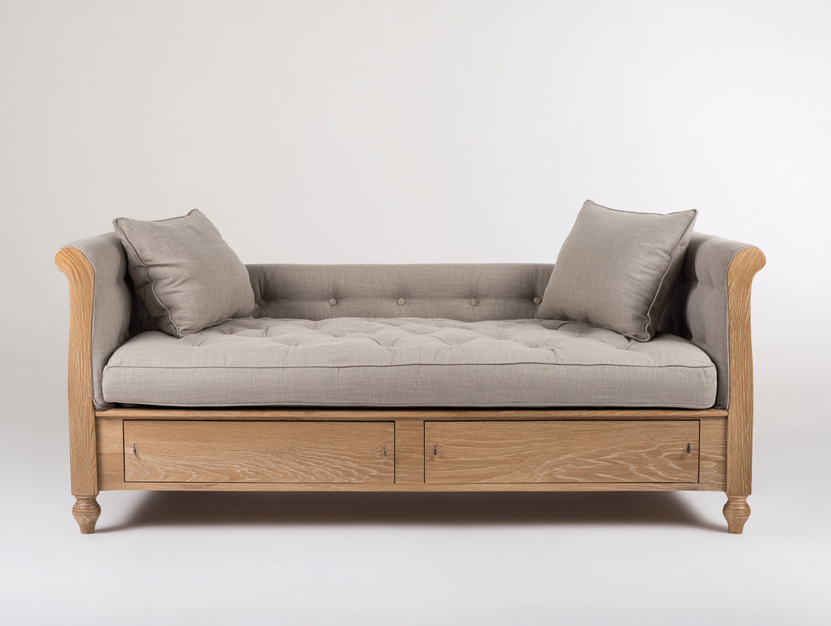 Schlafsofa Holzrahmen Stoffbezug 200 x 90 x 85 cm - Naturholzfarbe - Klassisches Design mit Schubladen