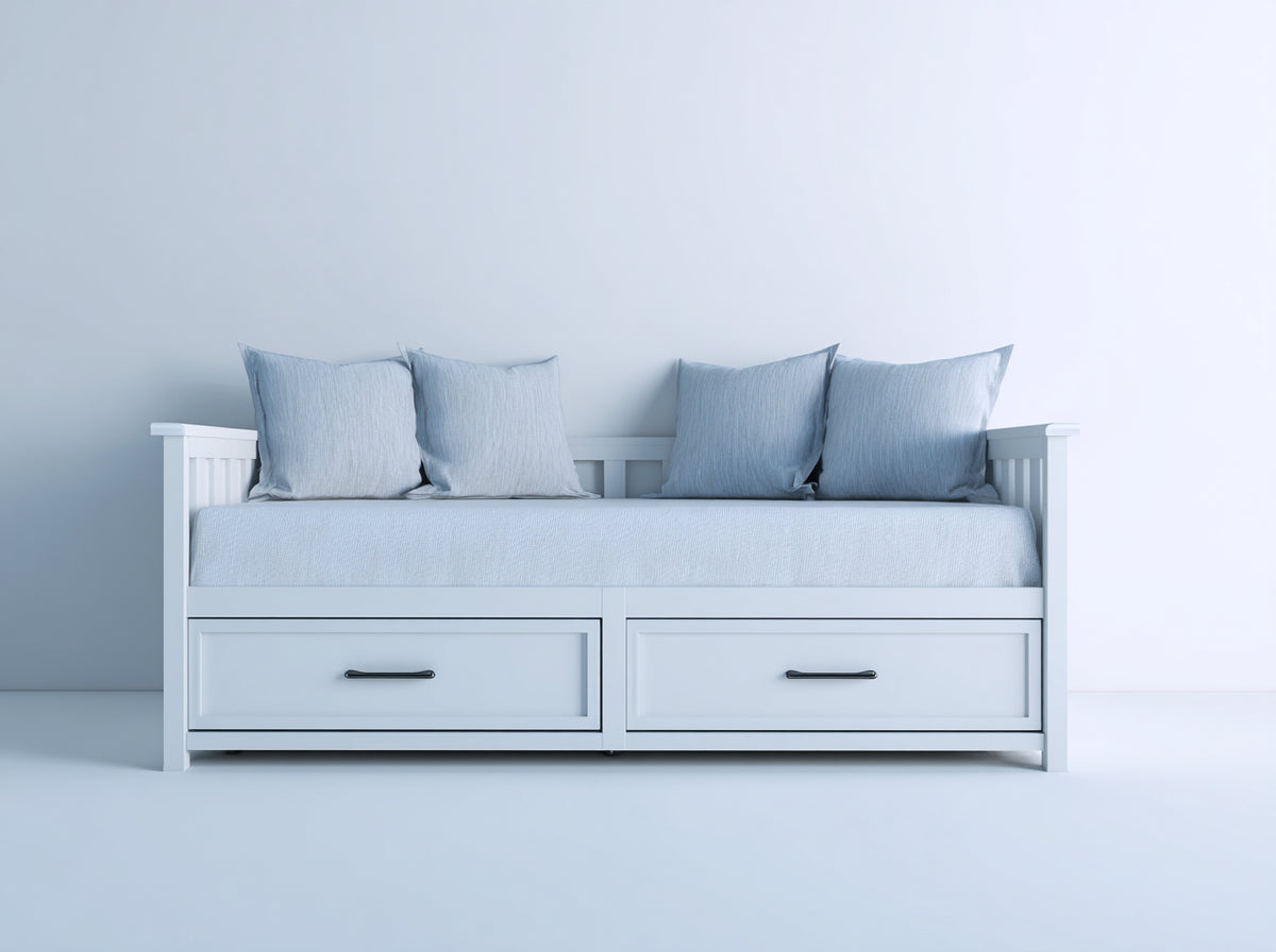 Schlafsofa 200x90 cm Holzrahmen Stoff Weiß mit Schubladen Modernes Design