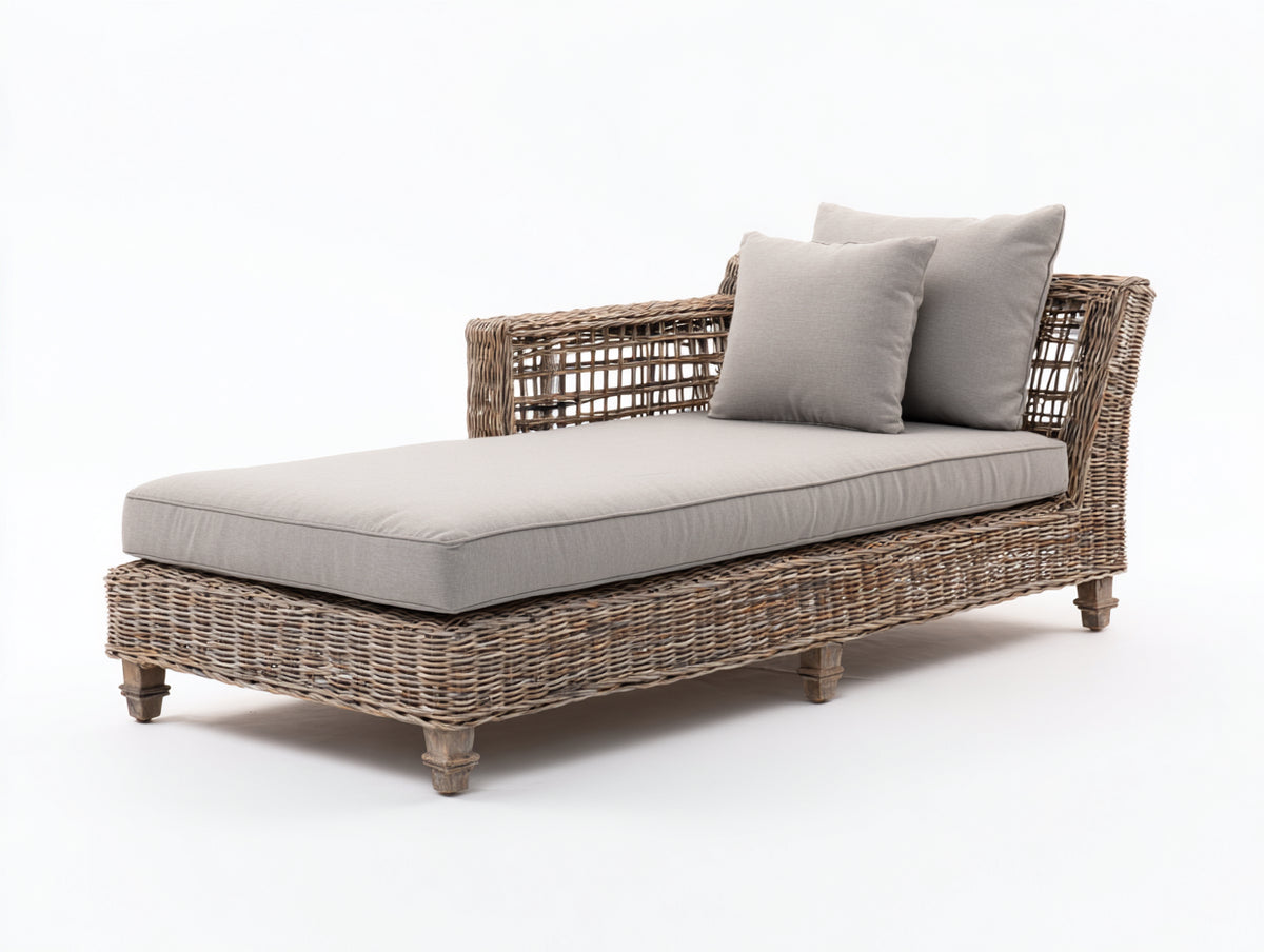 Sonnenliege 200x90x70 cm Polyrattan Gartenliege mit gepolsterter Liegefläche Moderne Outdoor Relaxliege in Grau und Holzoptik
