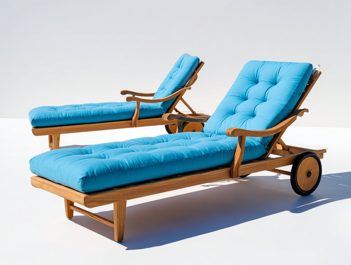Sonnenliege Holz Sonnenliege mit Polster und Rollen 200x70x35 cm Blau Natur Modernes Design