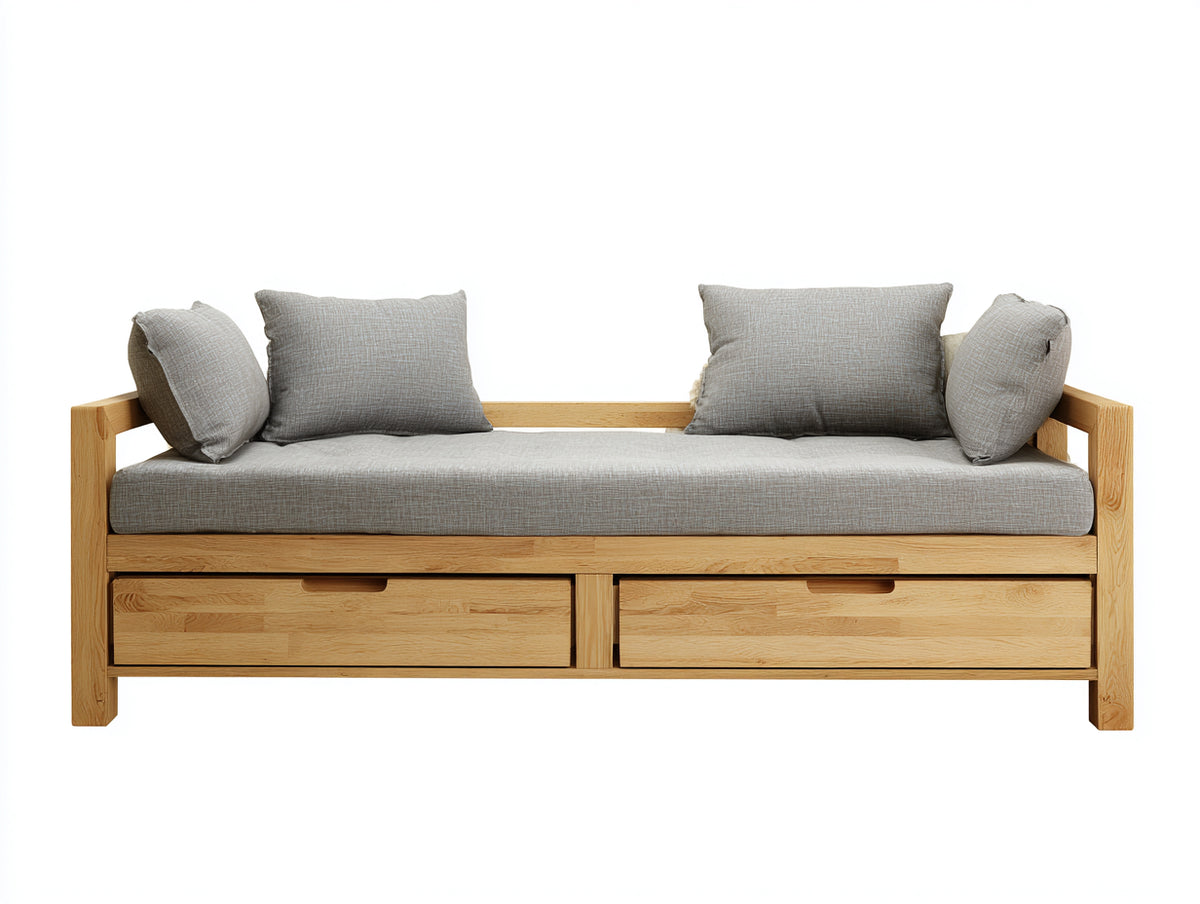 Schlafsofa Holzrahmen Stoffbezug 200 x 90 x 85 cm - Naturholzfarbe - Modernes Design mit Stauraum